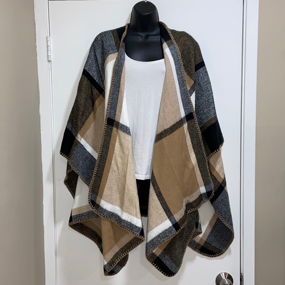 Apt 9  Plaid Poncho | Tan & Black | OS